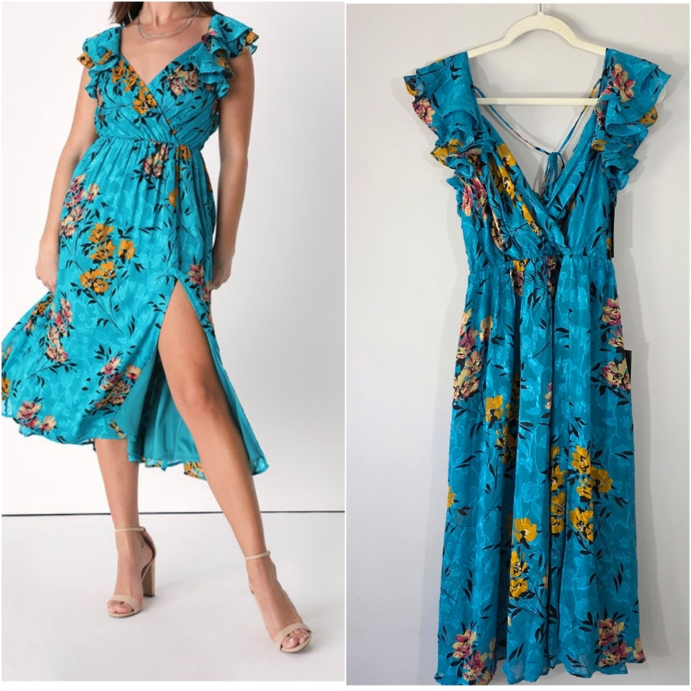 NWT Vacay Cutie Teal Green Floral Jacquard Flutter Sleeve Midi Dress‎ Size XS